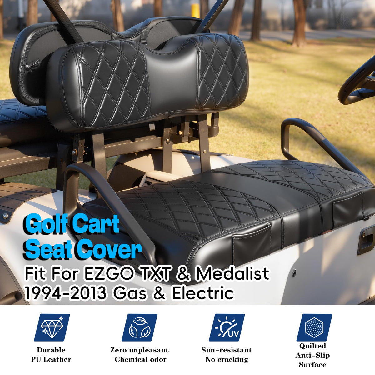 Mixopoly EZGO TXT rear seat cover diamond design shields against sun exposure and stains.