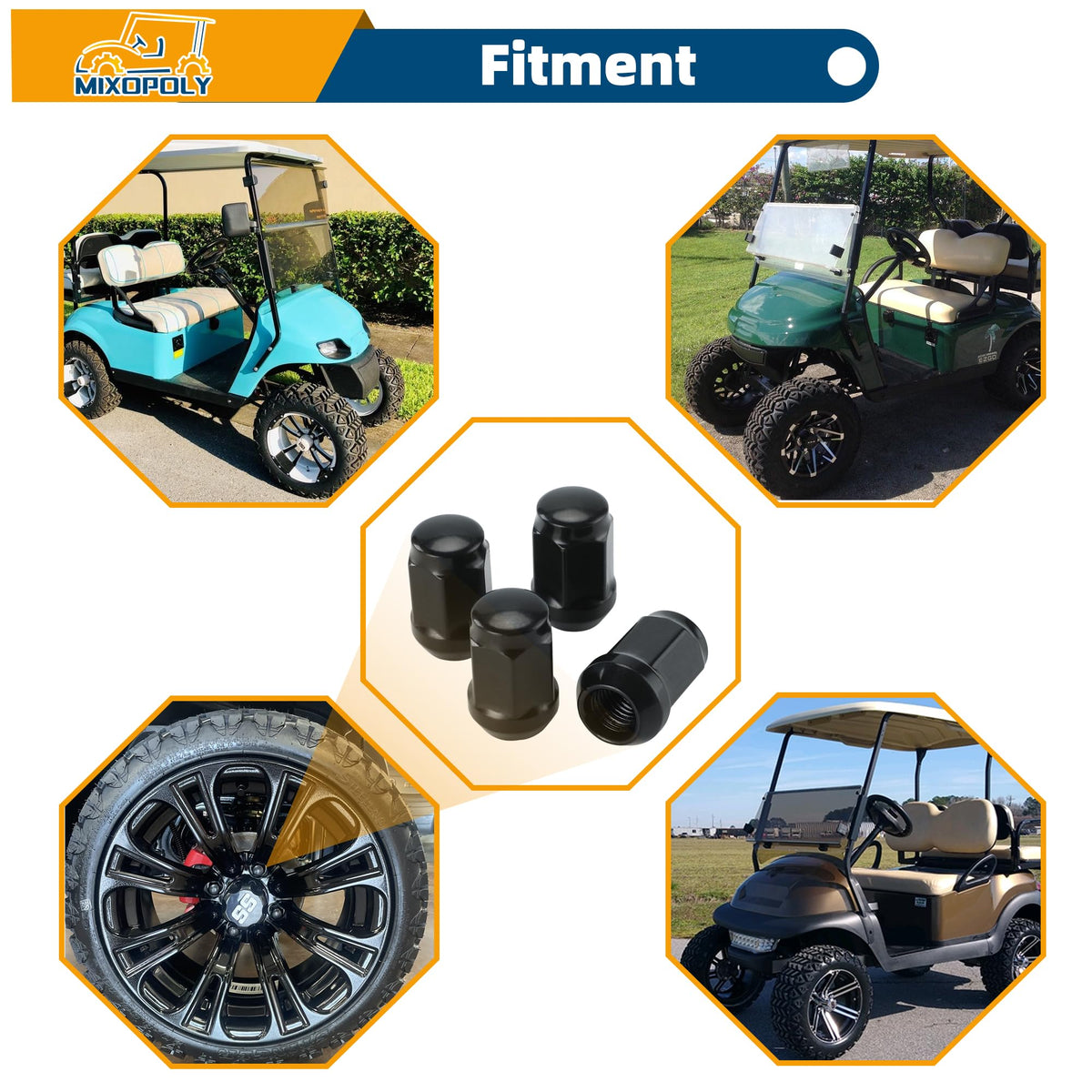 Mixopoly EZGO TXT RXV and Club Car DS Precedent lug nuts demonstrating compatibility