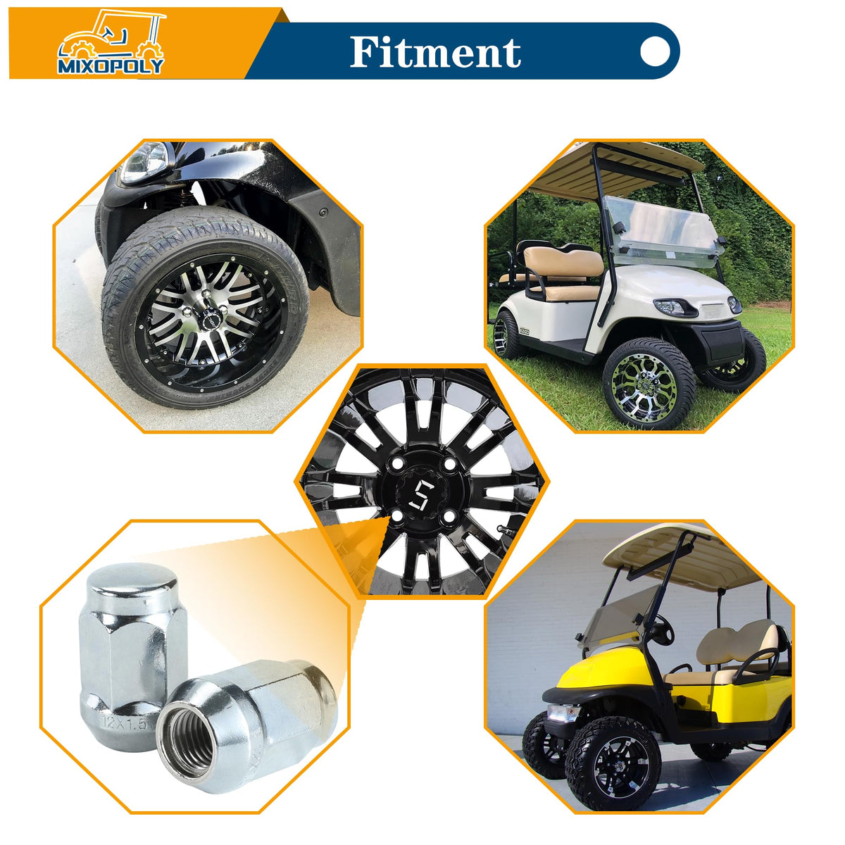 Mixopoly EZGO TXT RXV and Club Car DS Precedent lug nuts ensure secure wheel mounting.