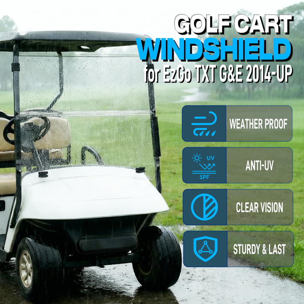 Mixopoly EZGO TXT windshield with hardware enables tool-free installation.
