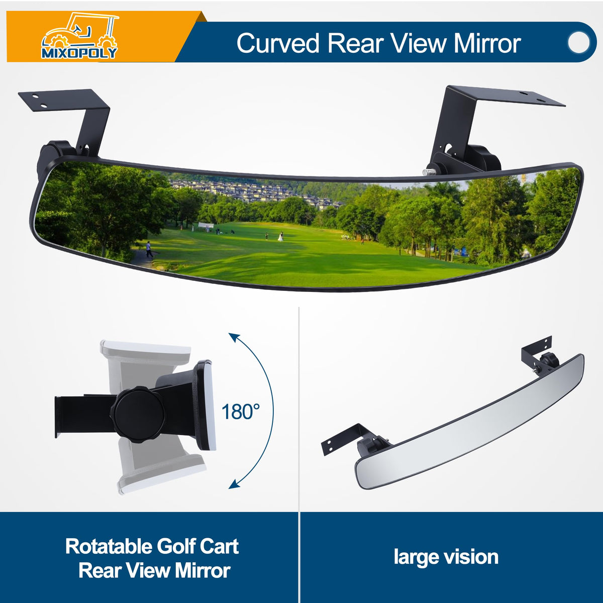 Mixopoly universal mirror for EZGO, Yamaha, Club Car enhances safety while driving.
