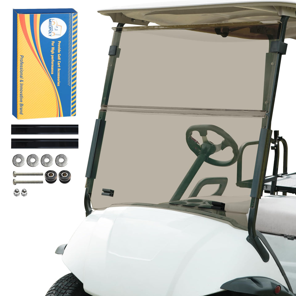 Mixopoly fold-down windshield for Yamaha G29 with brown tint reduces glare and improves visibility.