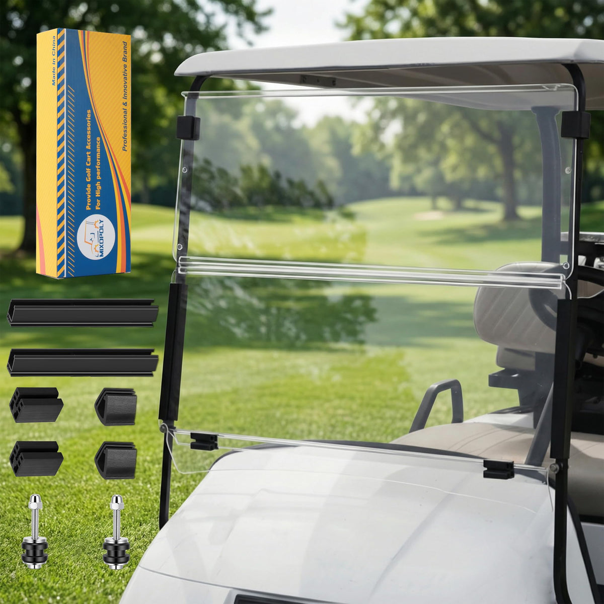 Mixopoly foldable windshield for EZGO TXT/Medalist protects against wind and dust on the course.