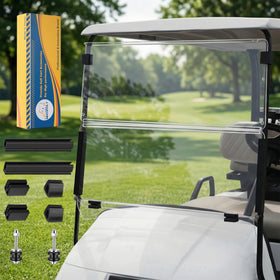 Mixopoly foldable windshield for EZGO TXT/Medalist protects against wind and dust on the course.