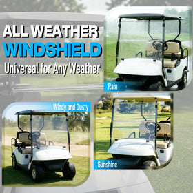 Mixopoly foldable windshield in use on a golf cart for flexible airflow.