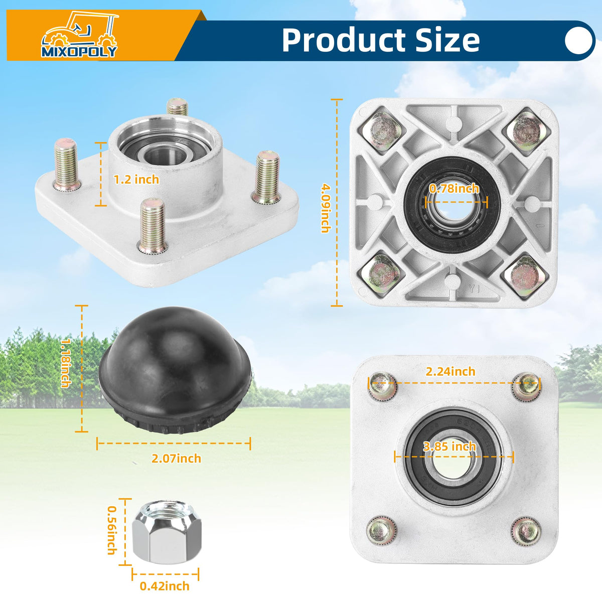 Mixopoly front hub replacement supports reliable daily use on Yamaha carts