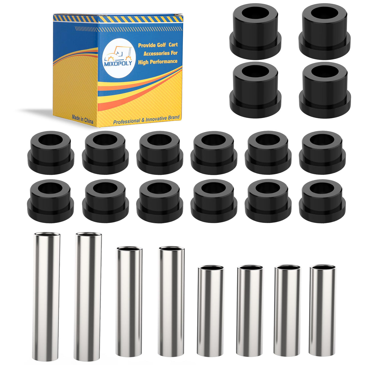 Mixopoly front leaf spring bushing kit enhances ride stability on Club Car DS 1992-up.
