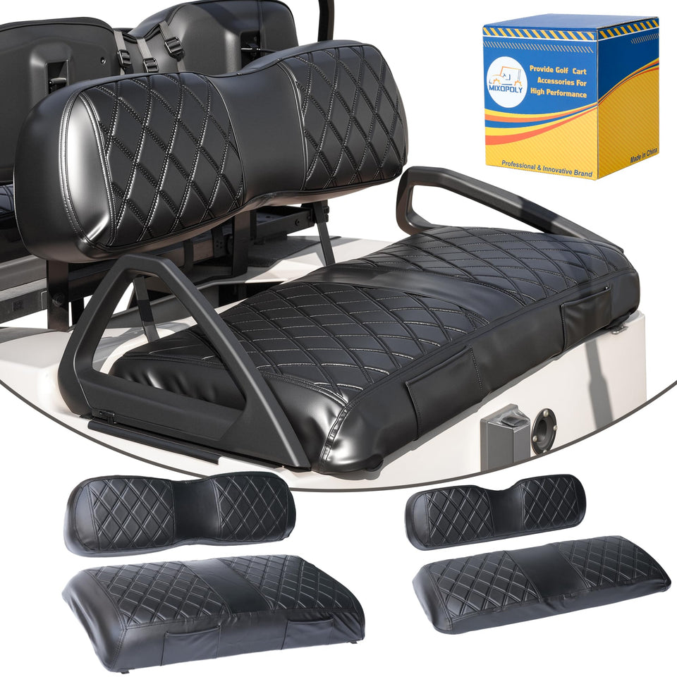 Mixopoly front seat cover in diamond pattern protects Club Car DS seats from wear.