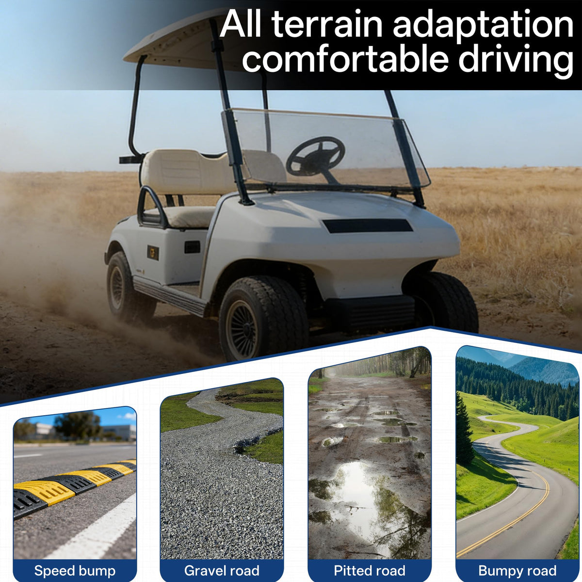 Mixopoly front-shock-absorber for Club Car DS enhances stability on uneven surfaces.