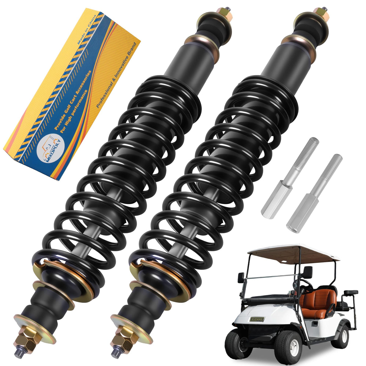 Mixopoly front shock absorber for EZGO TXT improves ride stability on rough terrain.