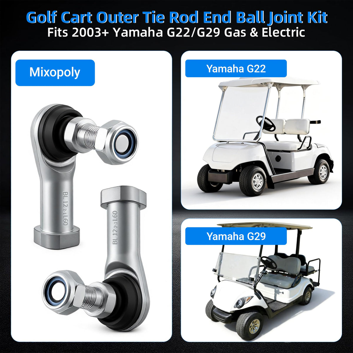 Mixopoly golf cart ball joint outer tie rod end on the right, Yamaha G27, smoother turning.