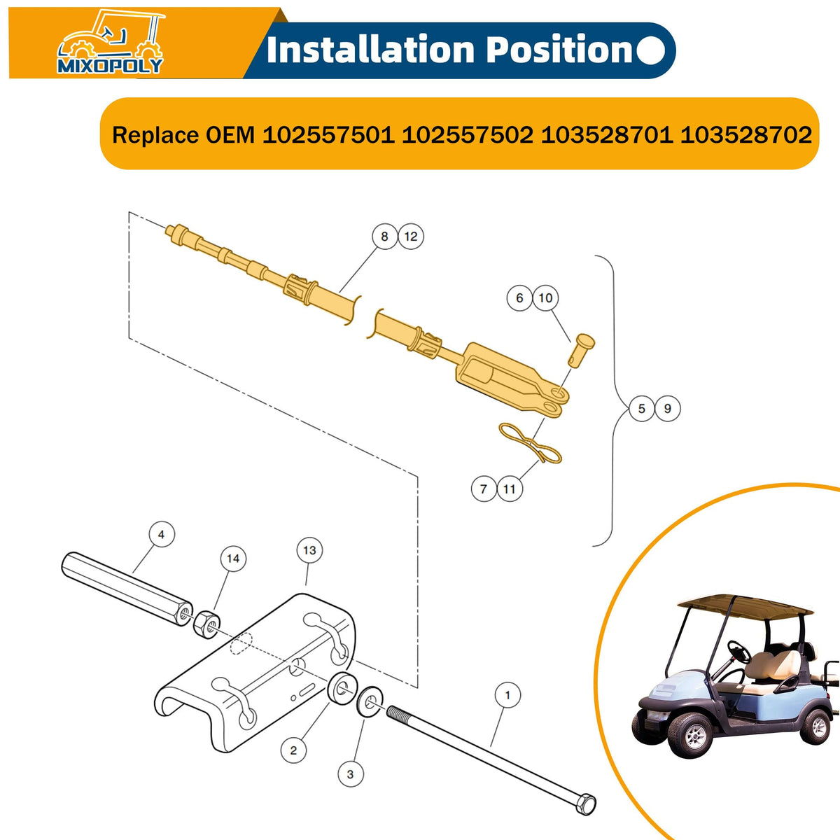 Mixopoly brake cable kit, passenger-side, enhances cart stopping performance.