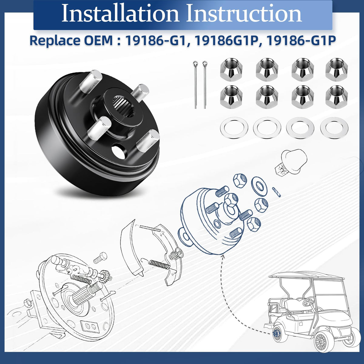 Mixopoly brake drum hub assembly on EZGO TXT driver side for balanced wear.