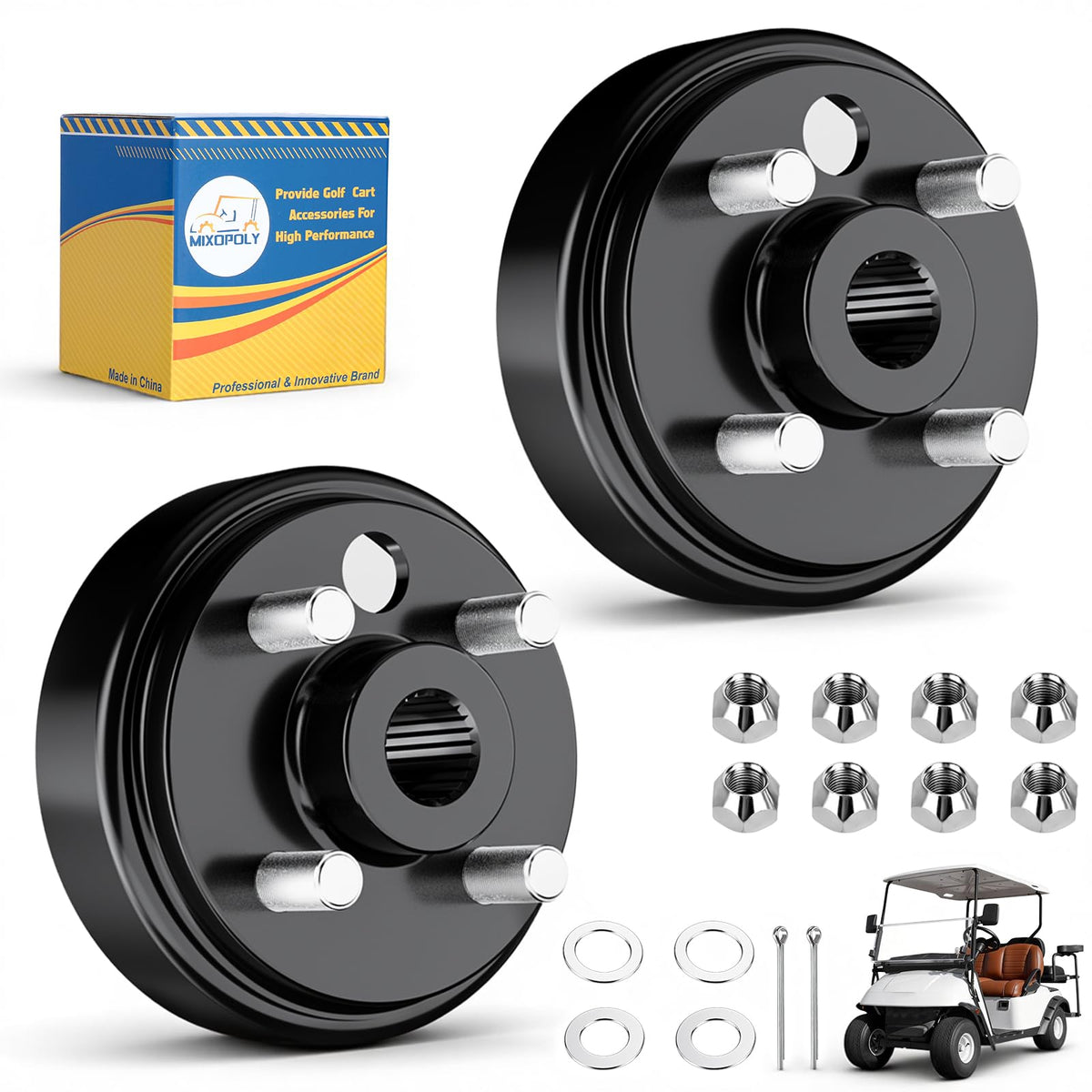 Mixopoly brake drum hub assembly on EZGO TXT passenger side for reliable braking.