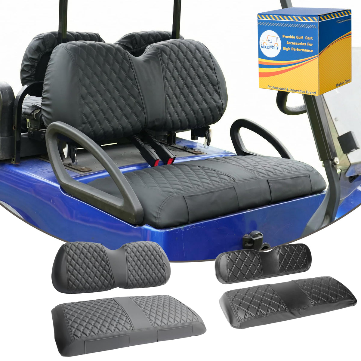 Mixopoly golf cart front seat cover with diamond design protects wear and spills.