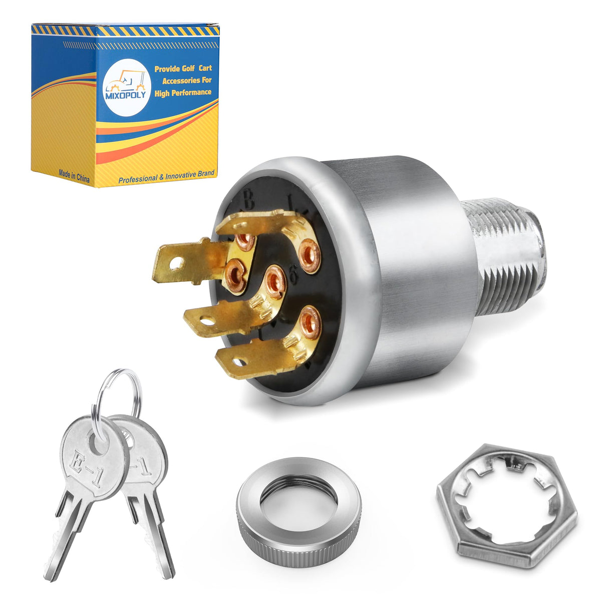 Mixopoly golf cart ignition switch front view for EZGO, ready for reliable ignition.