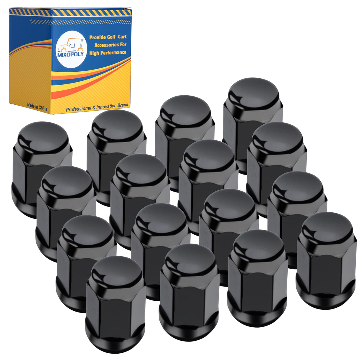 Mixopoly golf cart lug nuts kit in black, 16-pack, close-up for durable wheel replacement