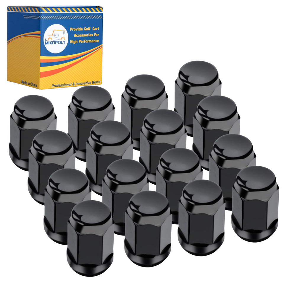 Mixopoly golf cart lug nuts kit in black, 16-pack, close-up for durable wheel replacement