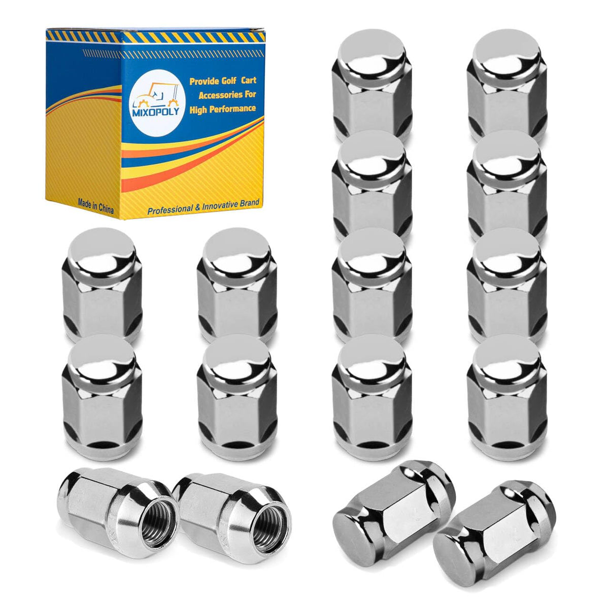 Mixopoly golf cart lug nuts kit in chrome finish, 16-pack, durable rust resistance.