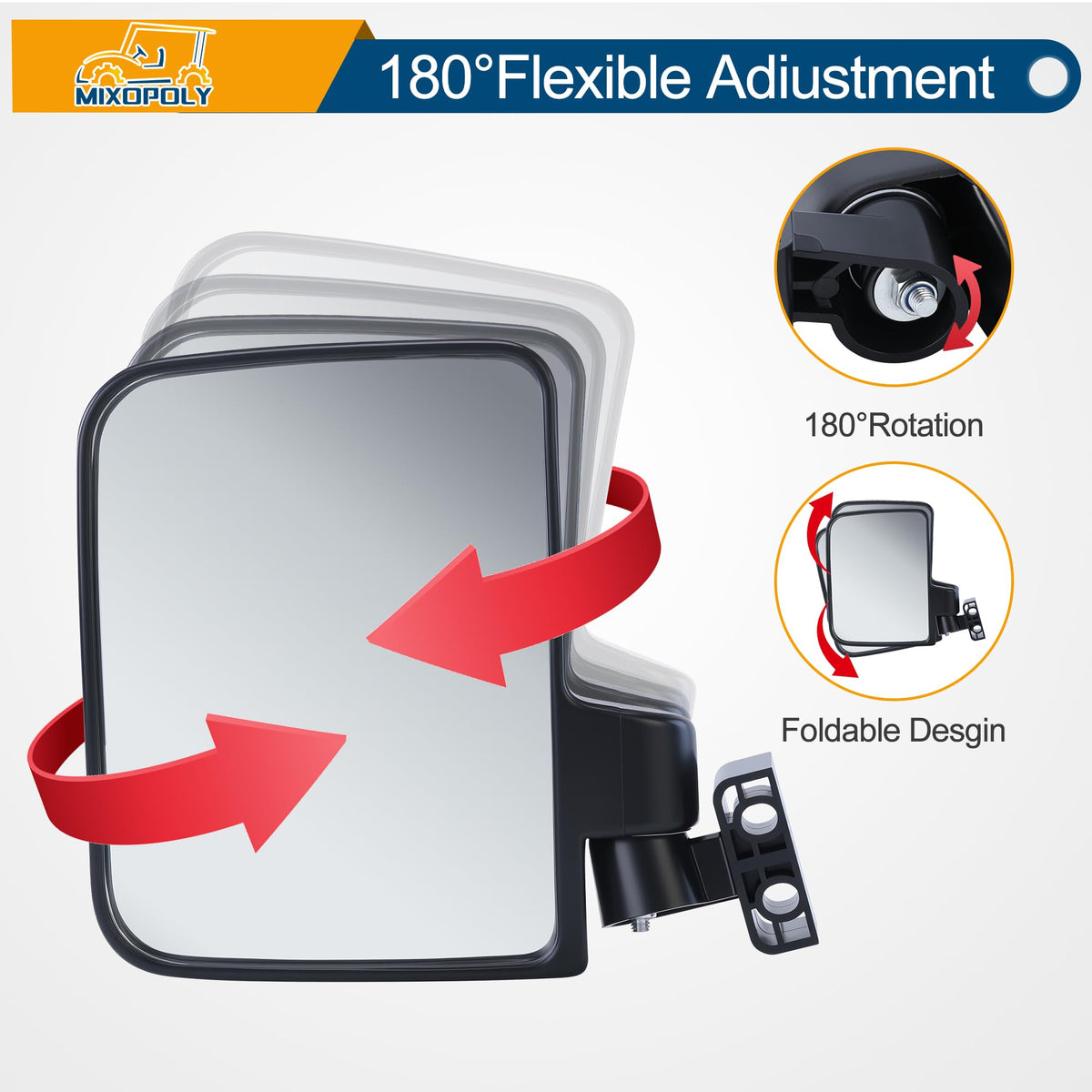 MIXOPOLY 180-degree adjustable mirrors provide flexible viewing angles for tight maneuvers