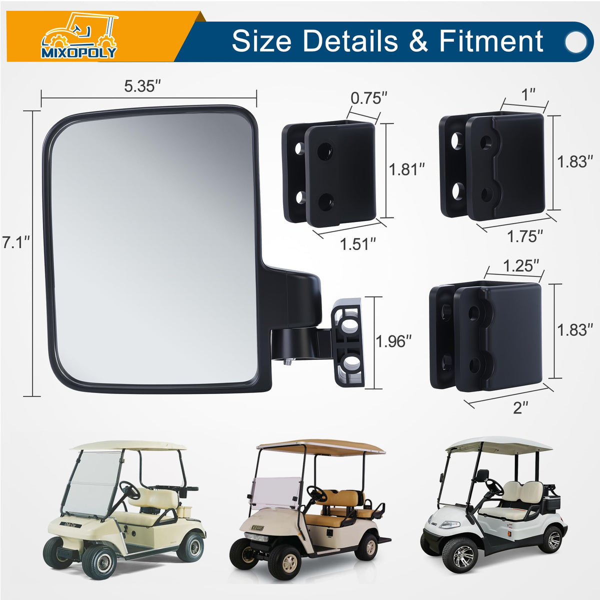 MIXOPOLY mirrors fit EZGO, Club Car, and Yamaha models to simplify upgrading