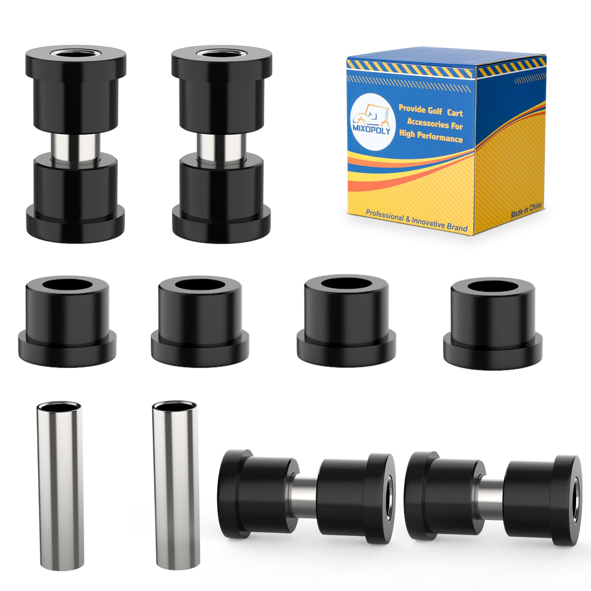 Mixopoly golf cart rear leaf spring bushing sleeve kit overview showing components and fit