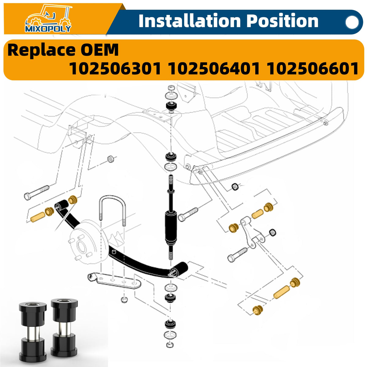 Mixopoly shackle bushing sleeve kit reduces noise and improves stability for Club Car Precedent.