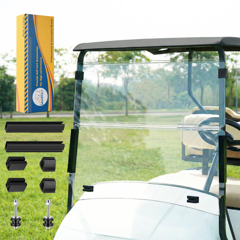 Mixopoly foldable windshield for EZGO TXT 2014-Up improves visibility and wind protection.