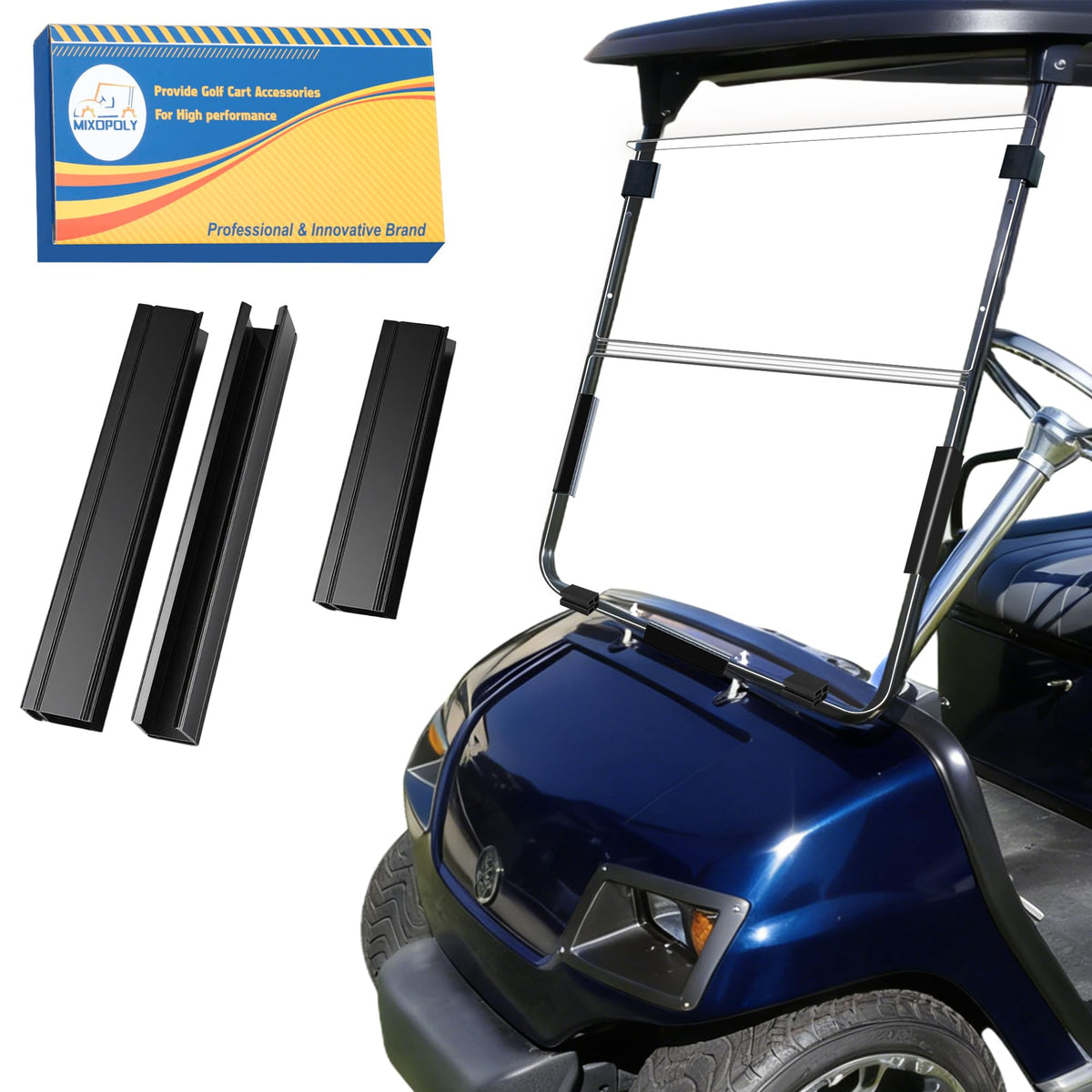 Mixopoly windshield for Yamaha G14/G16/G19, folded design with clear visibility.