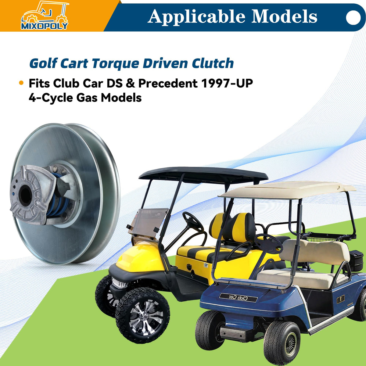 Mixopoly golf clutch pulley assembly enables high speed and smooth acceleration.