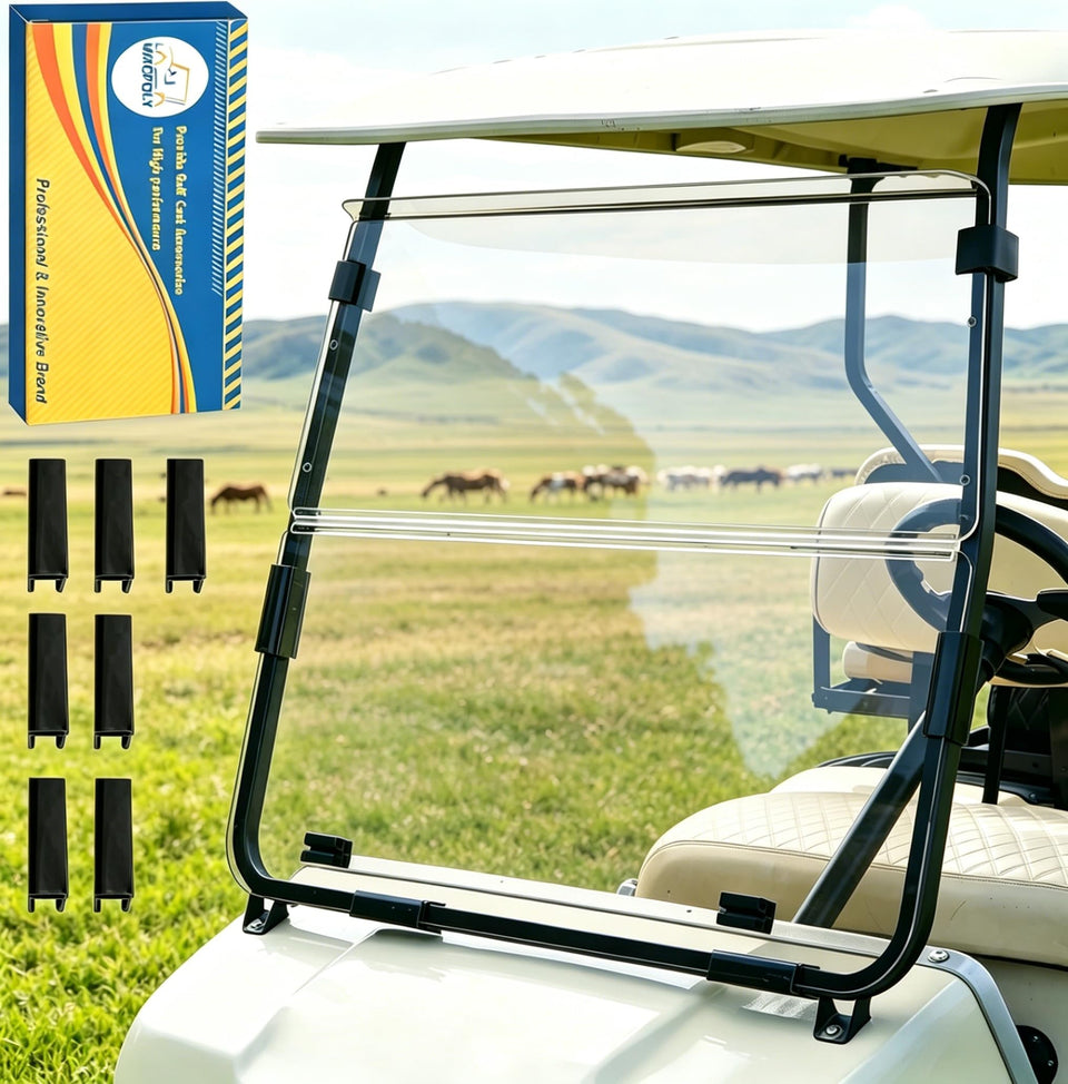 Mixopoly golf windshield on Club Car DS provides clear front-view visibility for all-weather driving.