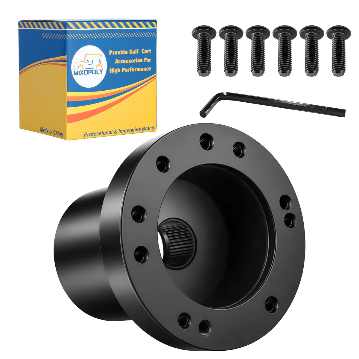 Mixopoly hub adapter for EZGO TXT/RXV with 5-6 hole wheel for secure steering.