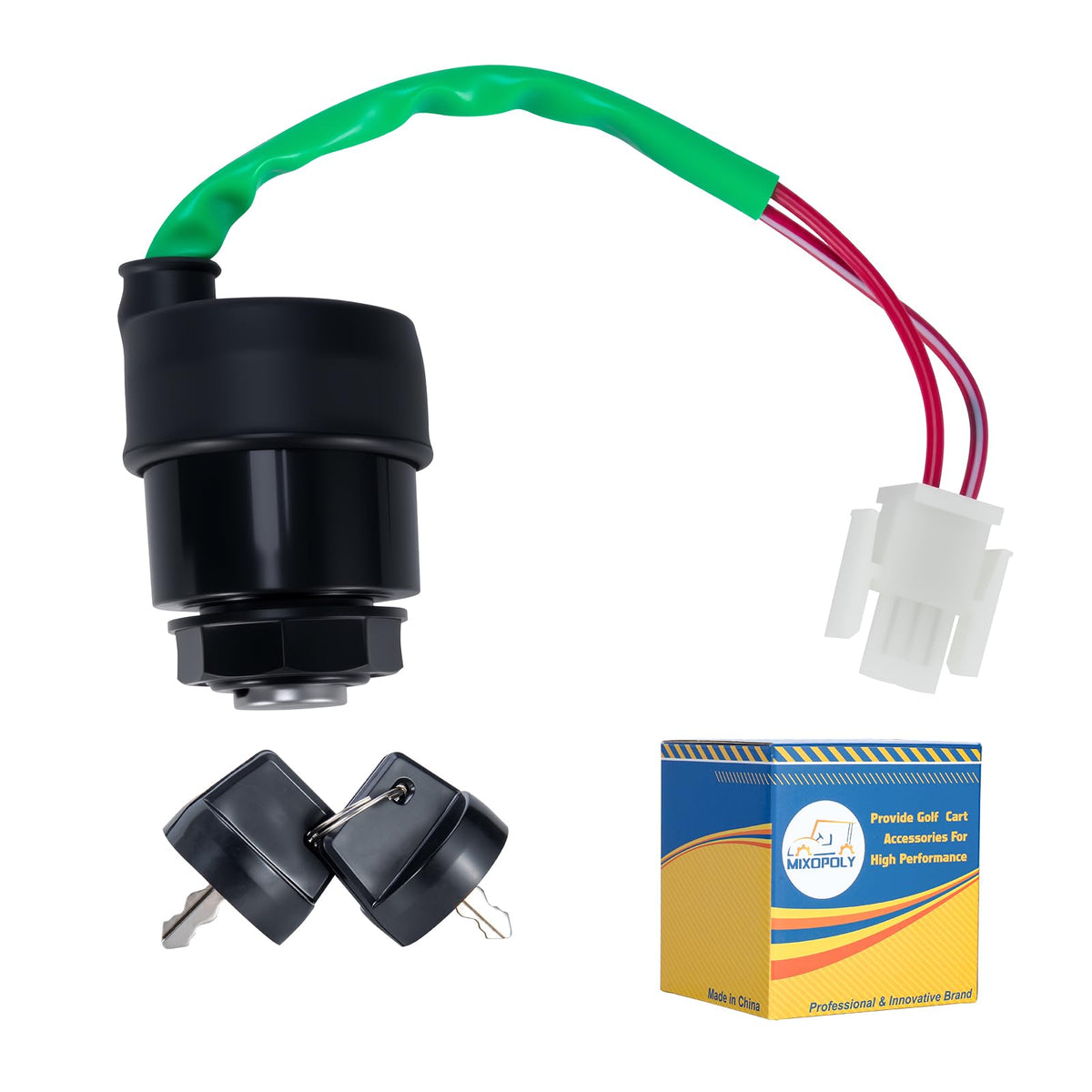 Mixopoly ignition key switch front view highlighting durable construction for Yamaha G11–G22 carts