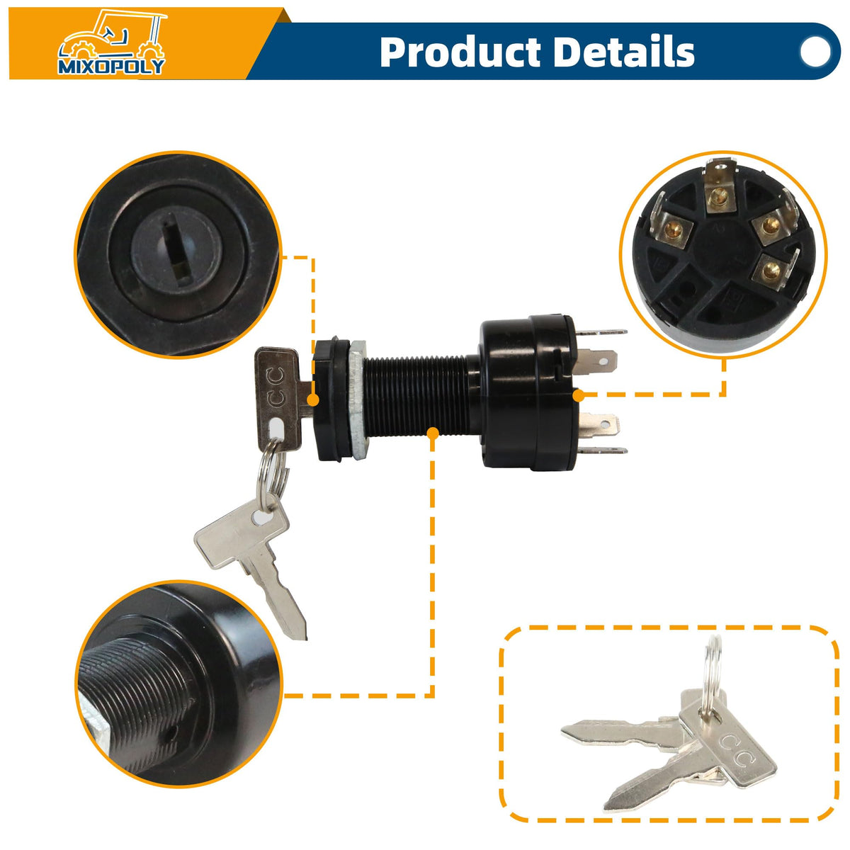 Mixopoly ignition switch package contents including keys, washer, nut, and cap for easy setup.