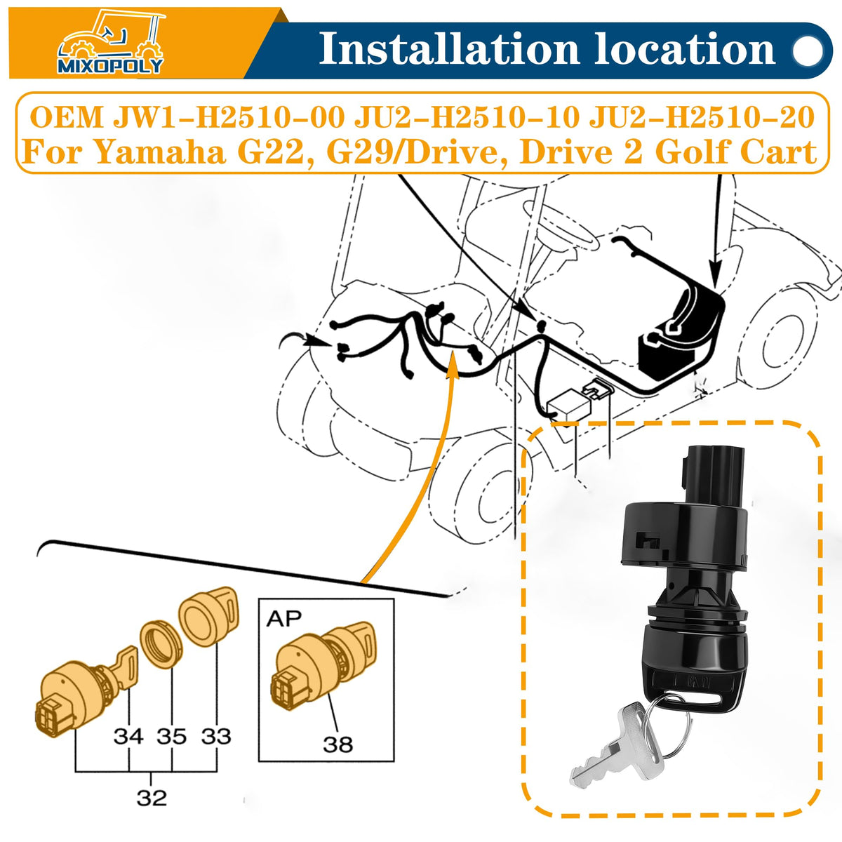 Mixopoly ignition switch for Yamaha Drive G29 enabling quick start and stop