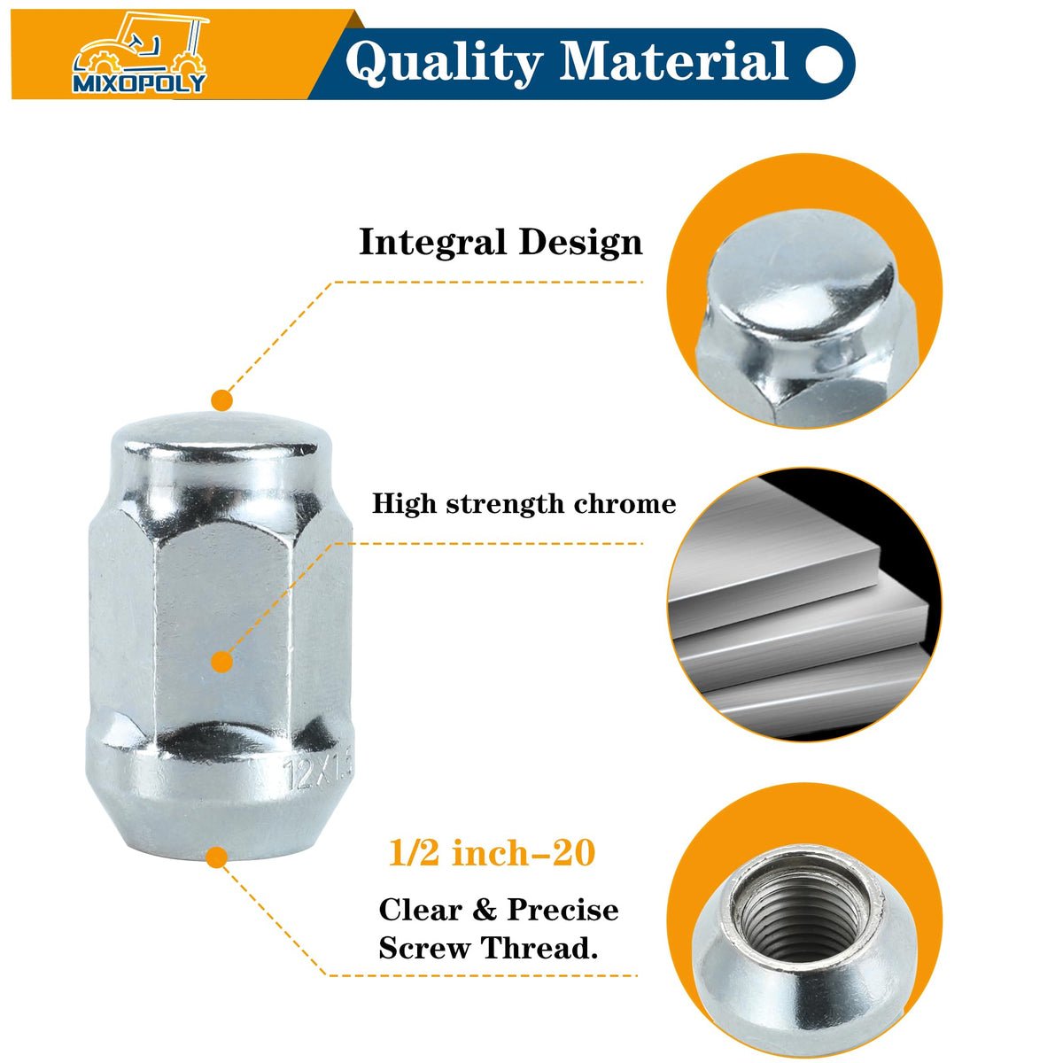 Mixopoly 1/2-20 thread lug nut detail highlights precise fit and reliable seating.
