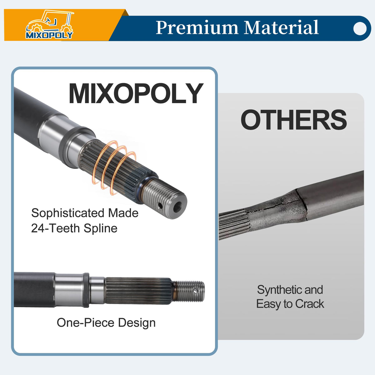 Mixopoly passenger side axle shaft for EZGO TXT; enhances axle reliability for steady handling.