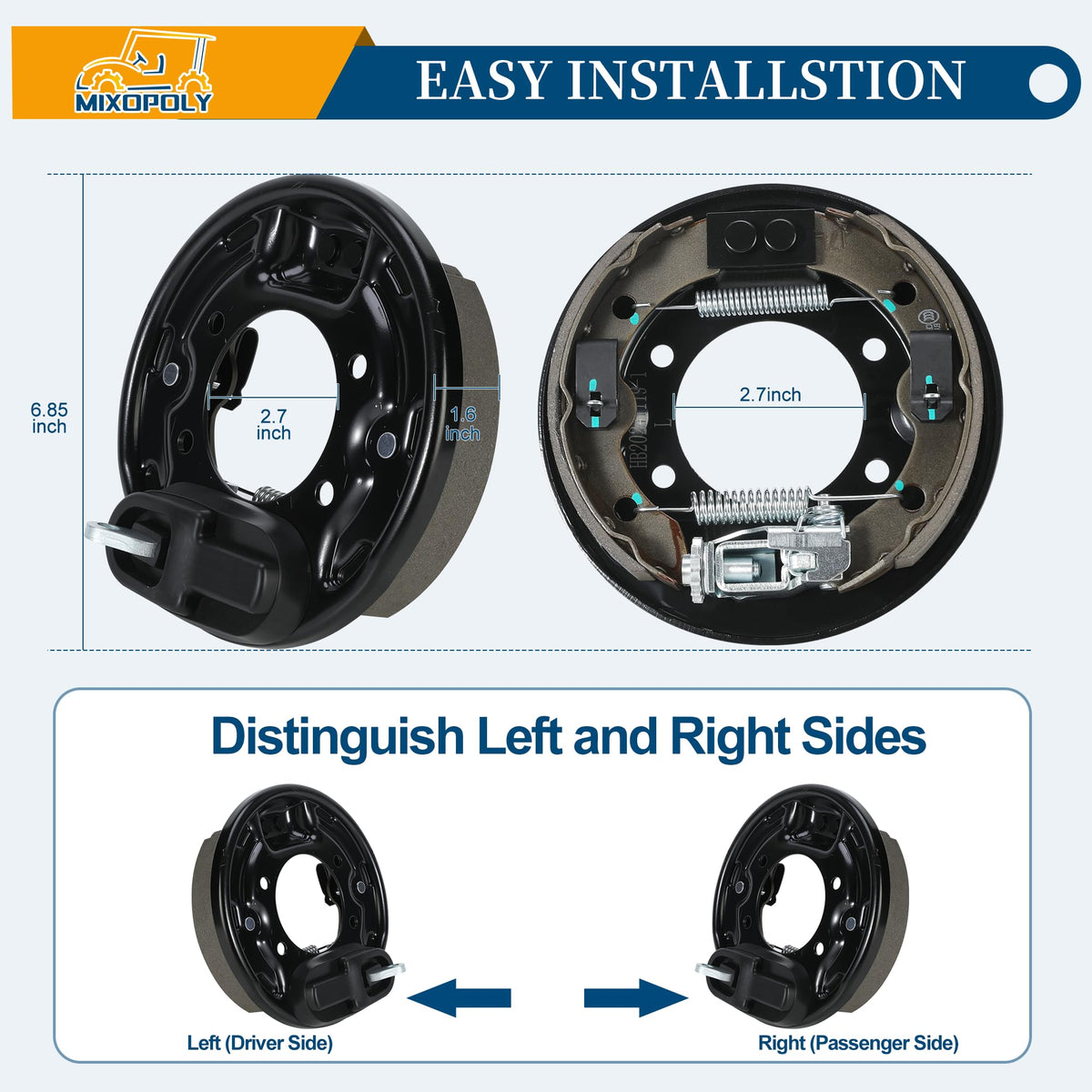 Mixopoly passenger side brake assembly shown for balanced braking and easy maintenance