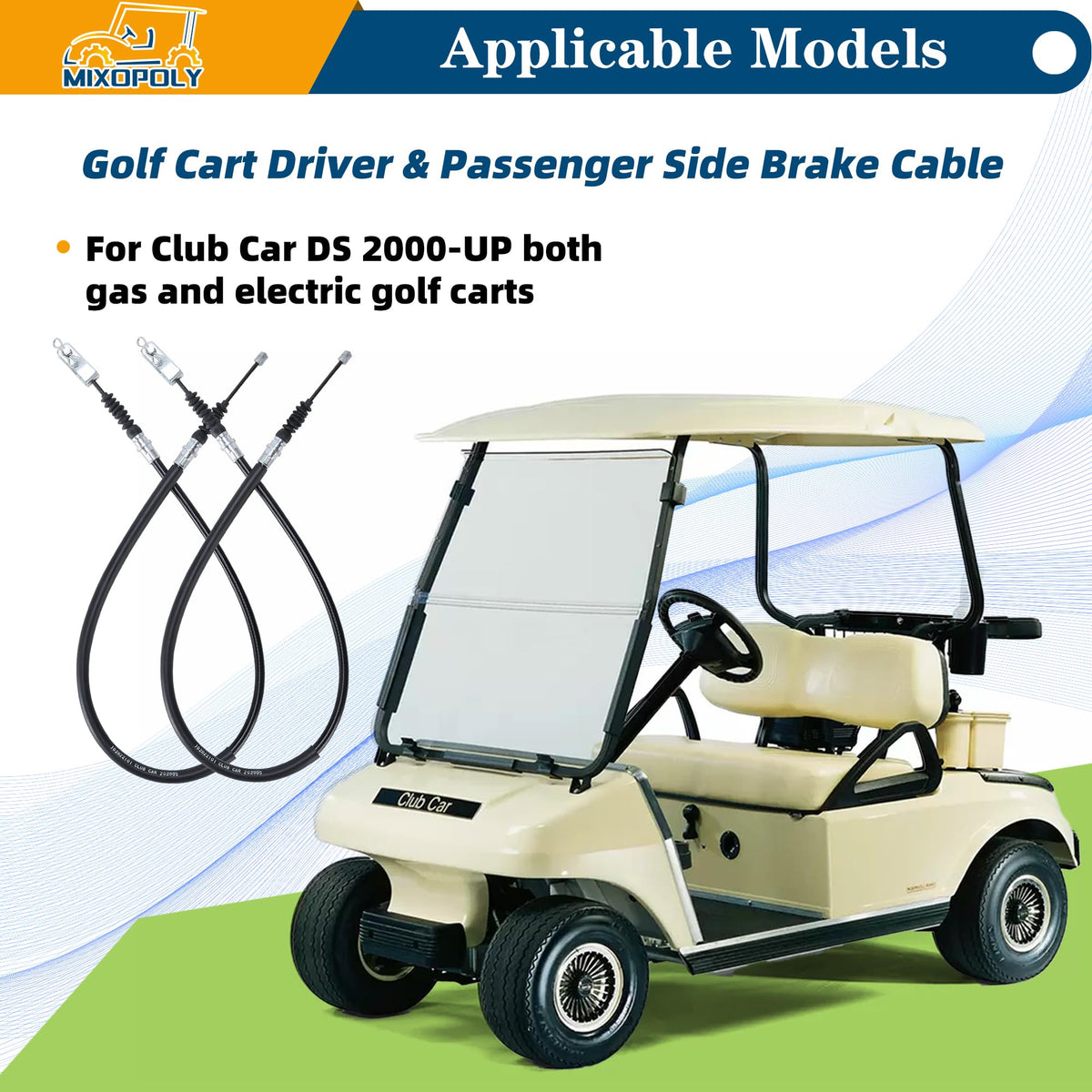 Mixopoly passenger side brake cable for Club Car DS, tool-free installation.