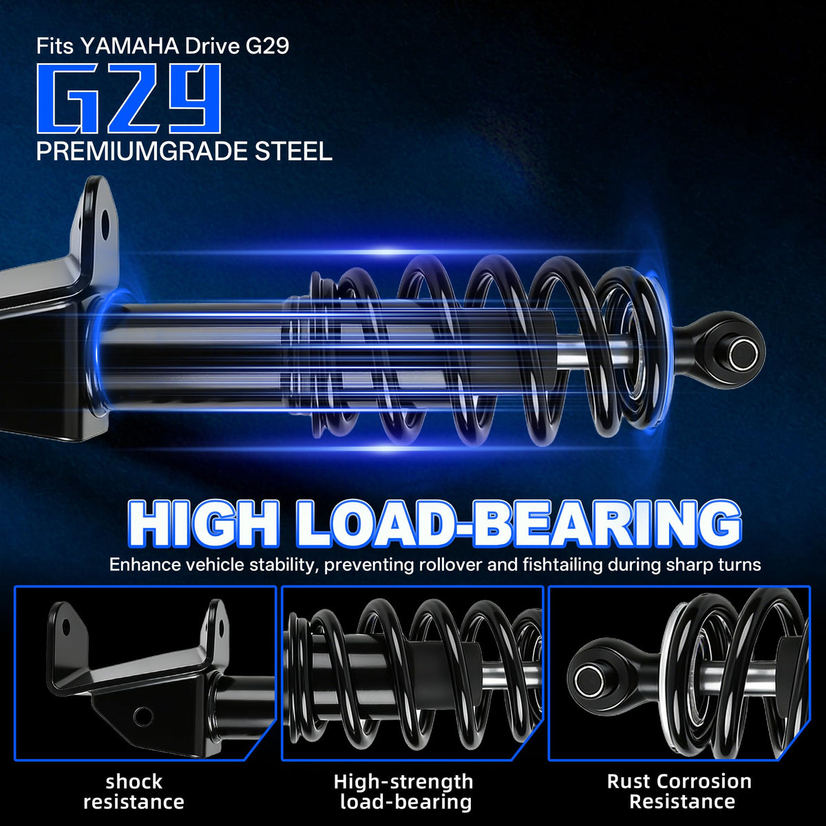 Mixopoly front shocks ready for easy fit on Yamaha G29 Drive models.