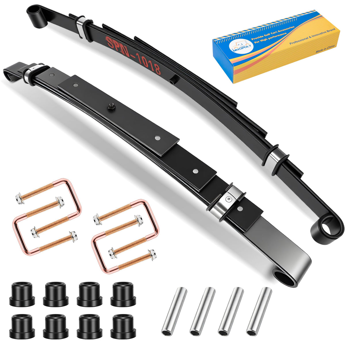 Mixopoly rear 4-leaf spring kit for EZGO TXT/Medalist enhances load capacity and stability.