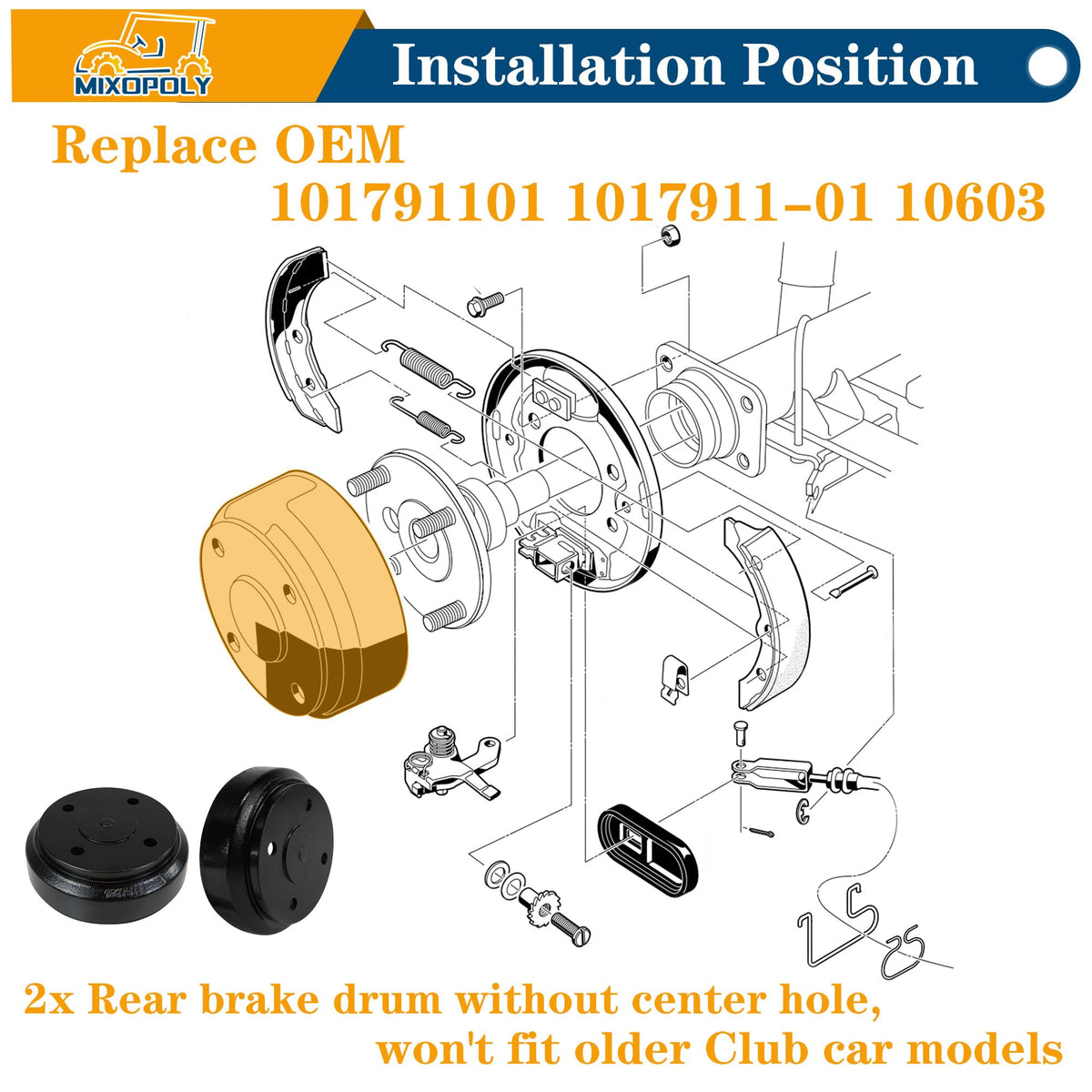 Mixopoly rear brake drum for Club Car Precedent improves stopping consistency.
