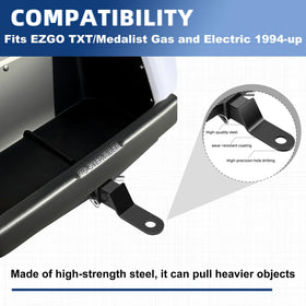 Mixopoly rear bumper hitch with steel construction enables rugged towing.