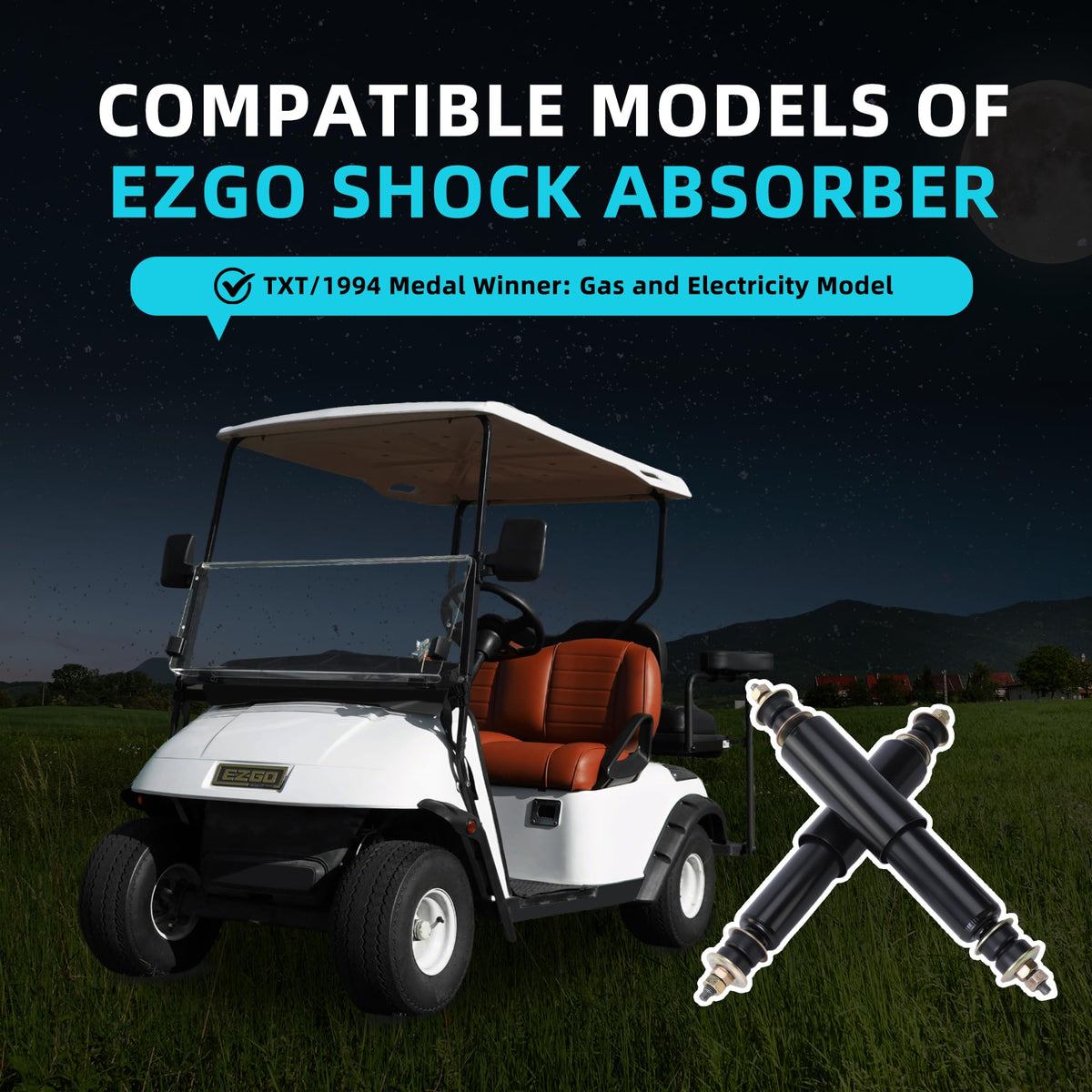 Mixopoly rear shock assembly on EZGO Medalist, enhances load handling and comfort.