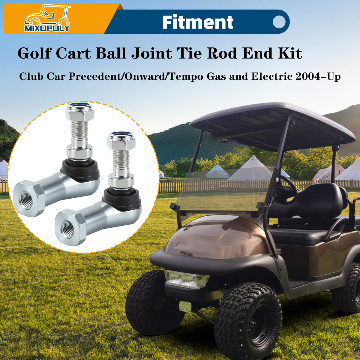 Mixopoly steering assembly view showing alignment with golf cart spindle.