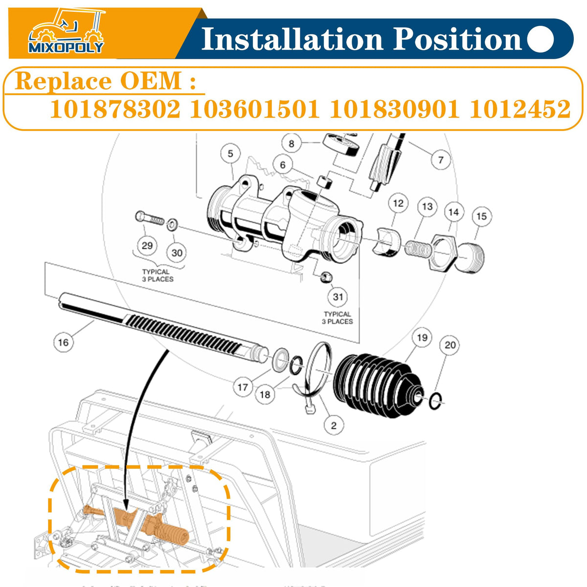 Mixopoly steering gear box assembly shown for easy replacement and compatibility.