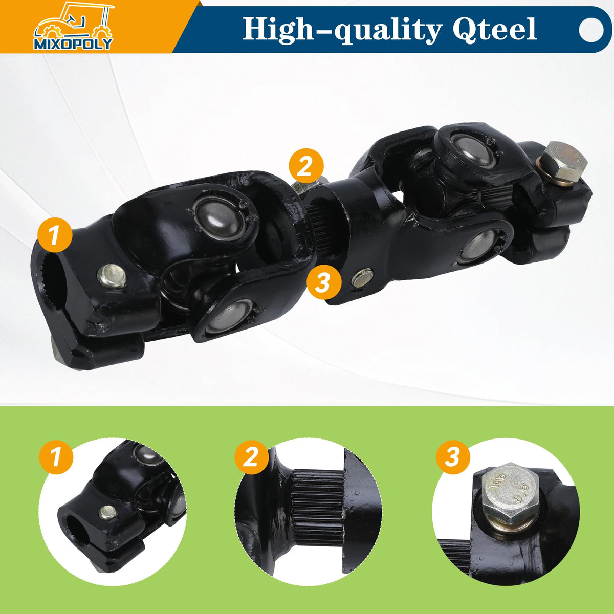 Mixopoly steering-joint steel-construction close-up demonstrates durable build for longevity.