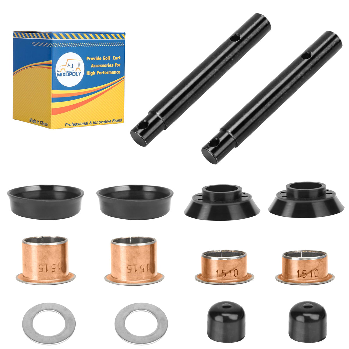 Mixopoly steering knuckle king-pin kit for Yamaha carts improves steering precision.