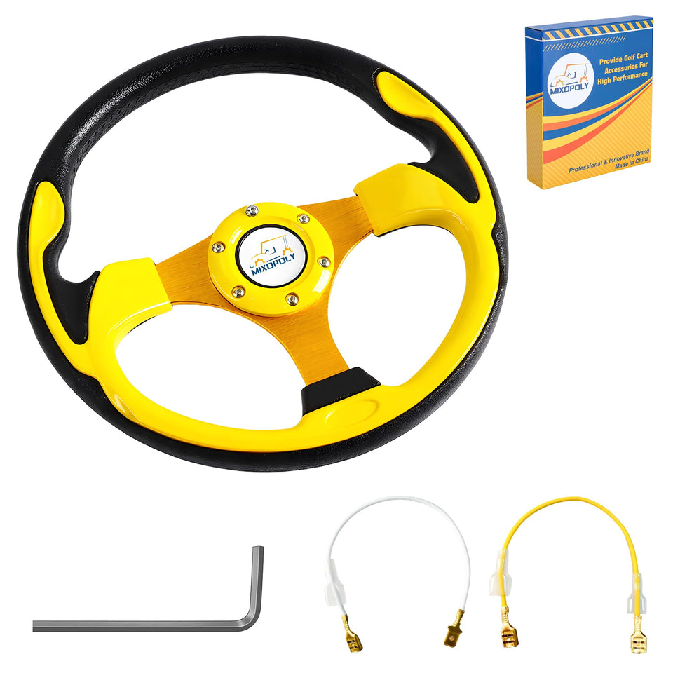 Mixopoly 12.5 inch yellow steering wheel close-up highlighting ergonomic, anti-slip grip