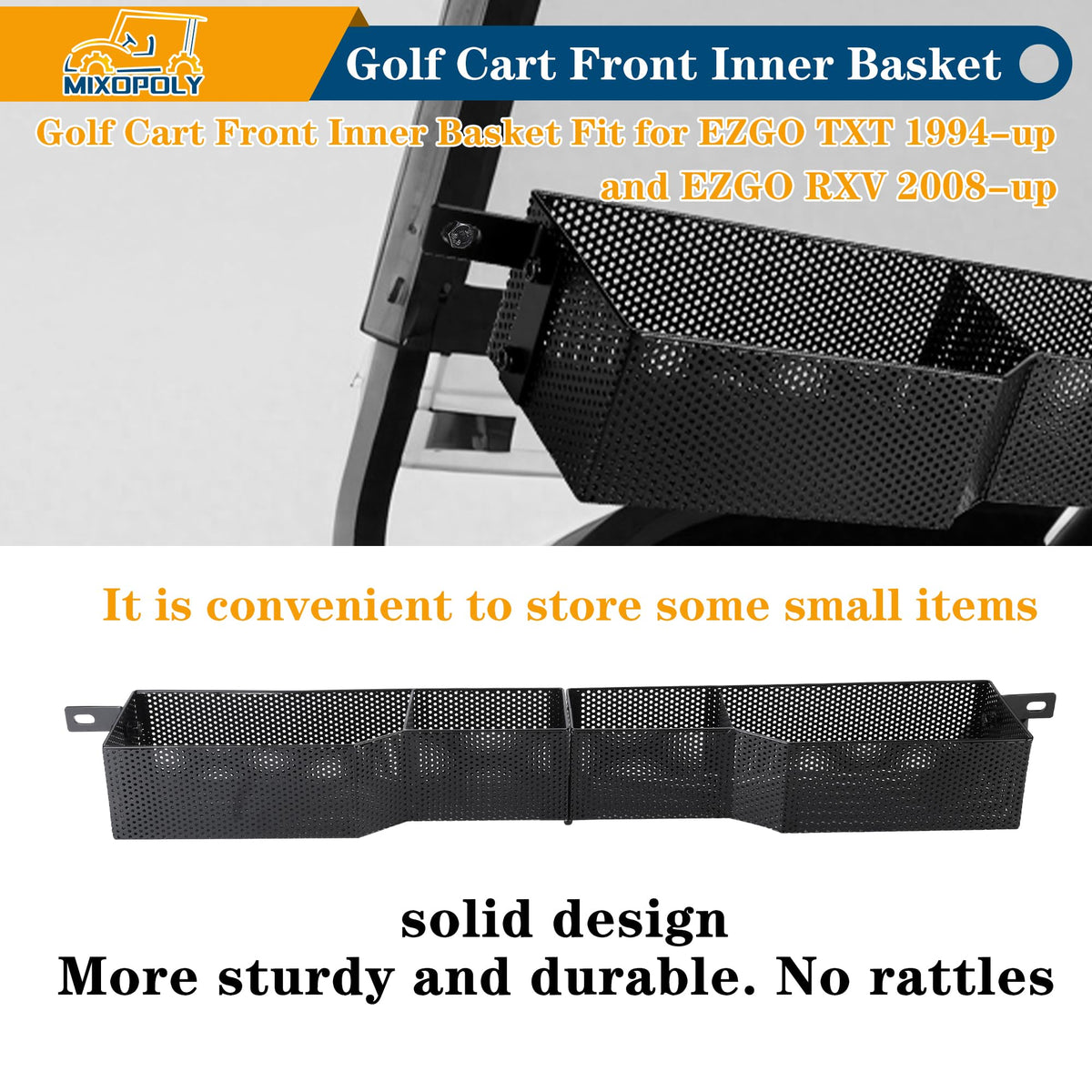 Mixopoly golf cart storage basket mounted as a front tray